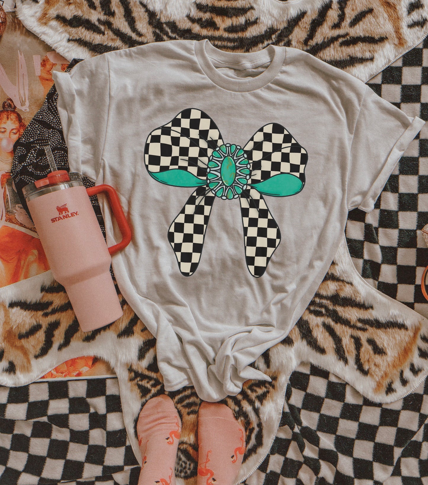 Checkered turquoise bow